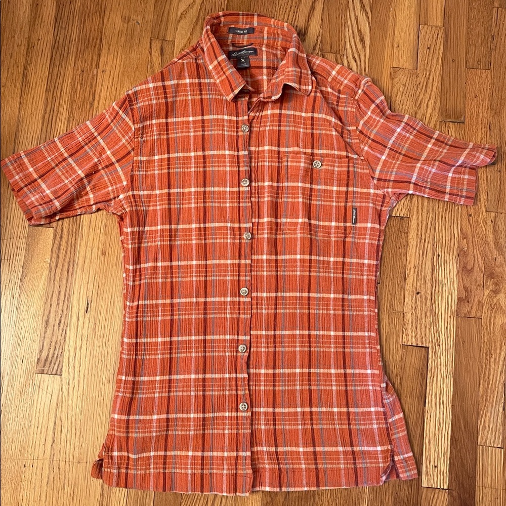 Eddie Bauer Classic Fit Orange Plaid Shirt